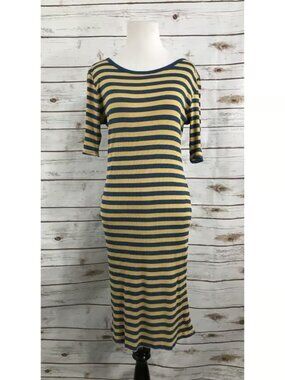 LuLaRoe Women’s Julia Blue Yellow Striped Ribbed Dress M